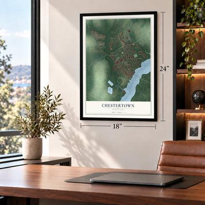 Chestertown, Maryland map, 18 x 24 inch print in a black frame in a home office