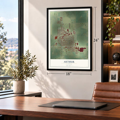 Arthur, Illinois map, 18 x 24 inch print in a black frame in a home office