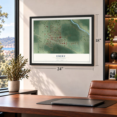 Emery, South Dakota map, 18 x 24 inch print in a black frame in a home office