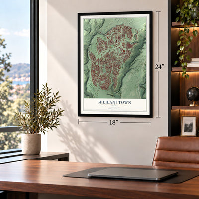 Mililani Town, Hawaii map, 18 x 24 inch print in a black frame in a home office