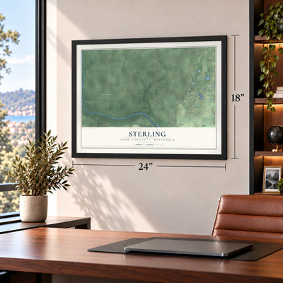 Sterling, Polk County, Wisconsin map, 18 x 24 inch print in a black frame in a home office