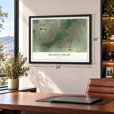 Olympia Fields, Illinois map, 18 x 24 inch print in a black frame in a home office