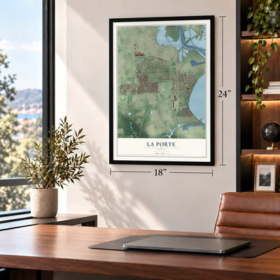 La Porte, Texas map, 18 x 24 inch print in a black frame in a home office