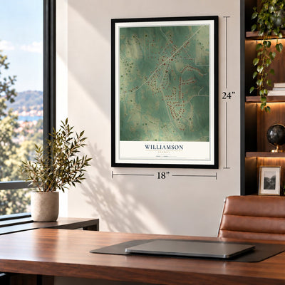 Williamson, Georgia map, 18 x 24 inch print in a black frame in a home office