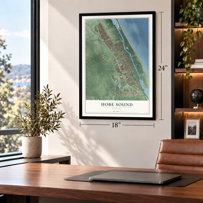 Hobe Sound, Florida map, 18 x 24 inch print in a black frame in a home office