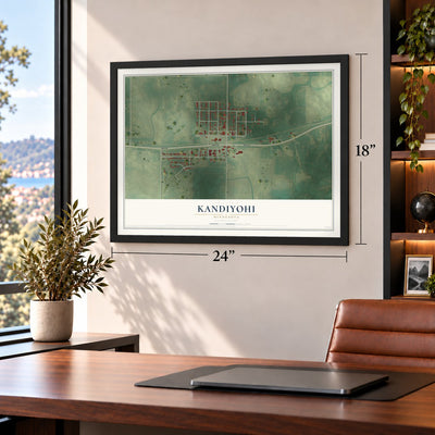 Kandiyohi, Minnesota map, 18 x 24 inch print in a black frame in a home office