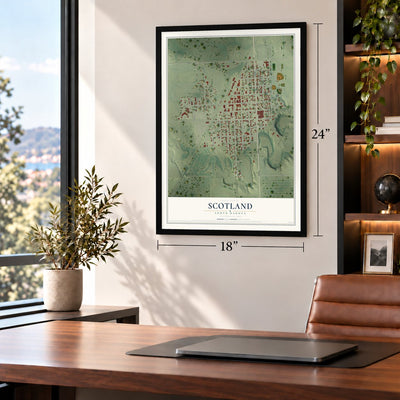 Scotland, South Dakota map, 18 x 24 inch print in a black frame in a home office