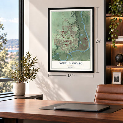 North Mankato, Minnesota map, 18 x 24 inch print in a black frame in a home office