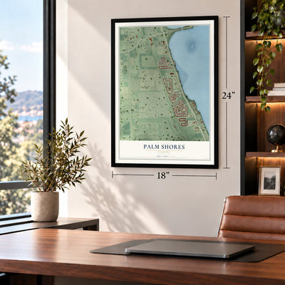 Palm Shores, Florida map, 18 x 24 inch print in a black frame in a home office