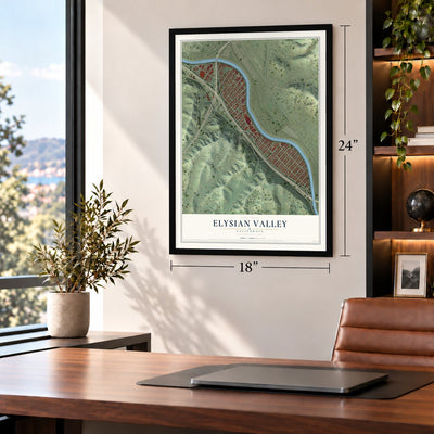 Elysian Valley, California map, 18 x 24 inch print in a black frame in a home office