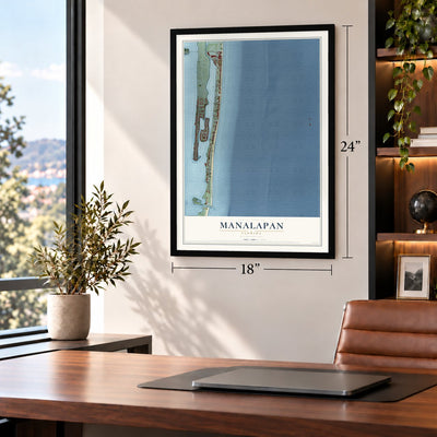 Manalapan, Florida map, 18 x 24 inch print in a black frame in a home office