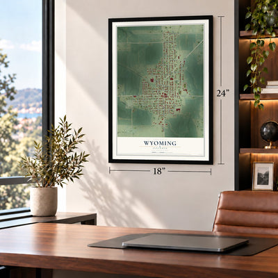 Wyoming, Illinois map, 18 x 24 inch print in a black frame in a home office
