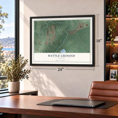 Battle Ground, Indiana map, 18 x 24 inch print in a black frame in a home office