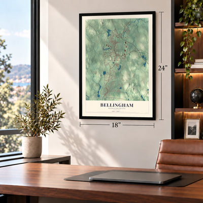 Bellingham, Massachusetts map, 18 x 24 inch print in a black frame in a home office