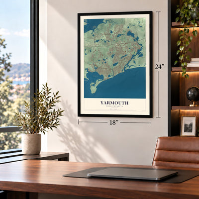 Yarmouth, Massachusetts map, 18 x 24 inch print in a black frame in a home office