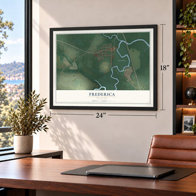 Frederica, Delaware map, 18 x 24 inch print in a black frame in a home office