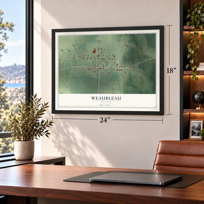 Weaubleau, Missouri map, 18 x 24 inch print in a black frame in a home office