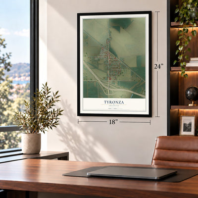 Tyronza, Arkansas map, 18 x 24 inch print in a black frame in a home office