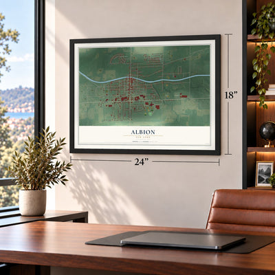 Albion, New York map, 18 x 24 inch print in a black frame in a home office