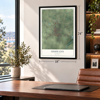 Union City, Tennessee map, 18 x 24 inch print in a black frame in a home office