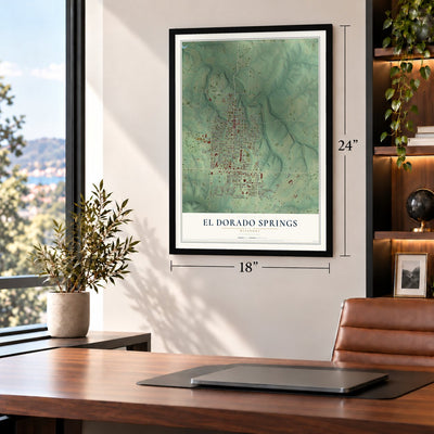 El Dorado Springs, Missouri map, 18 x 24 inch print in a black frame in a home office