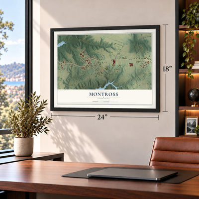 Montross, Virginia map, 18 x 24 inch print in a black frame in a home office