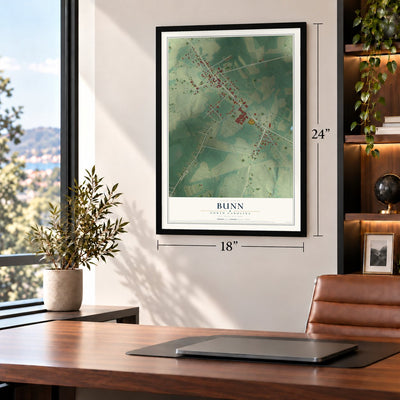 Bunn, North Carolina map, 18 x 24 inch print in a black frame in a home office