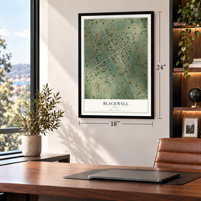 Blackwell, Texas map, 18 x 24 inch print in a black frame in a home office