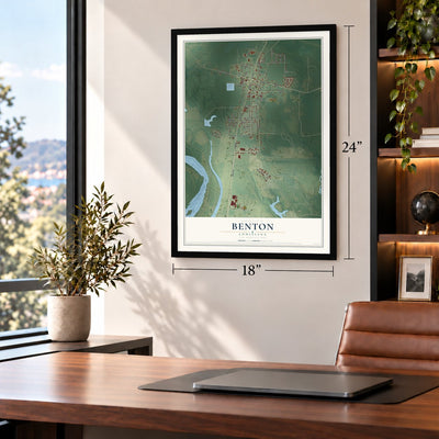 Benton, Louisiana map, 18 x 24 inch print in a black frame in a home office