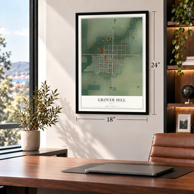 Grover Hill, Ohio map, 18 x 24 inch print in a black frame in a home office