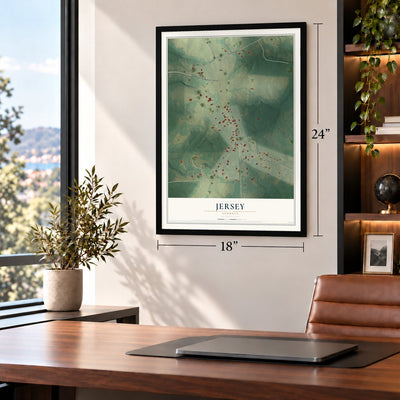 Jersey, Georgia map, 18 x 24 inch print in a black frame in a home office