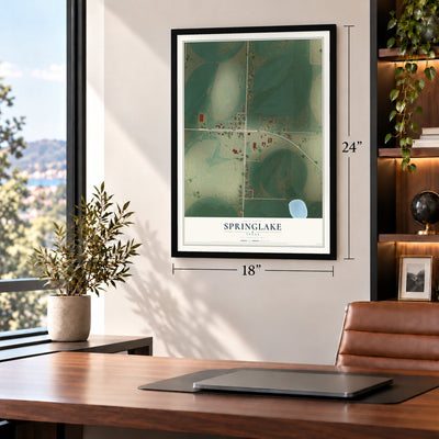 Springlake, Texas map, 18 x 24 inch print in a black frame in a home office