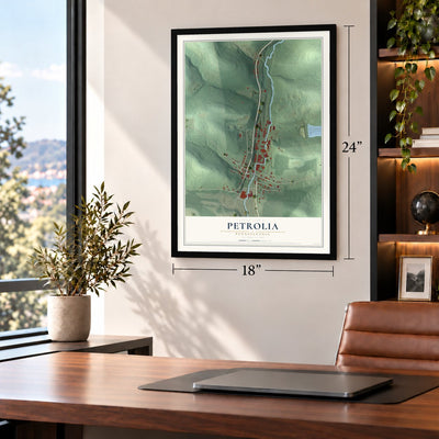 Petrolia, Pennsylvania map, 18 x 24 inch print in a black frame in a home office