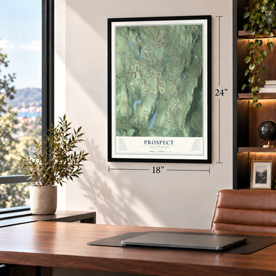 Prospect, Connecticut map, 18 x 24 inch print in a black frame in a home office