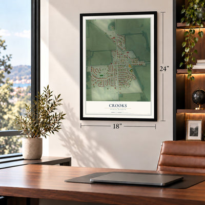 Crooks, South Dakota map, 18 x 24 inch print in a black frame in a home office