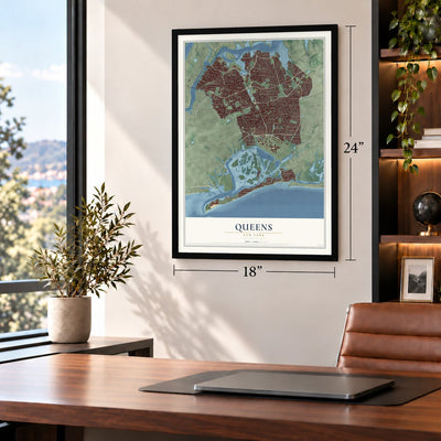 Queens, New York map, 18 x 24 inch print in a black frame in a home office