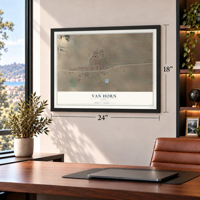 Van Horn, Texas map, 18 x 24 inch print in a black frame in a home office