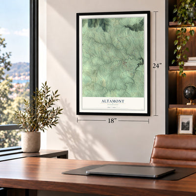 Altamont, Tennessee map, 18 x 24 inch print in a black frame in a home office