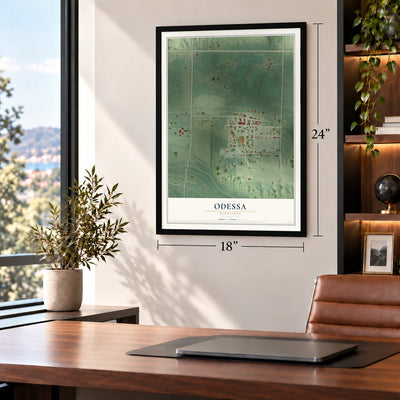 Odessa, Minnesota map, 18 x 24 inch print in a black frame in a home office