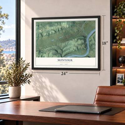Montour, Pennsylvania map, 18 x 24 inch print in a black frame in a home office