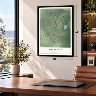 Allenhurst, Georgia map, 18 x 24 inch print in a black frame in a home office