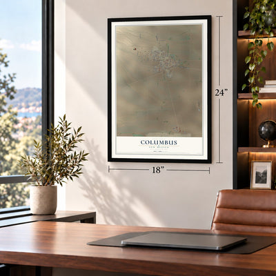 Columbus, New Mexico map, 18 x 24 inch print in a black frame in a home office