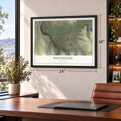 Huntington, Oregon map, 18 x 24 inch print in a black frame in a home office