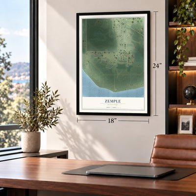 Zemple, Minnesota map, 18 x 24 inch print in a black frame in a home office