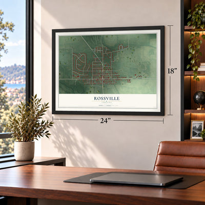 Rossville, Indiana map, 18 x 24 inch print in a black frame in a home office