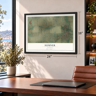 Sumner, Illinois map, 18 x 24 inch print in a black frame in a home office