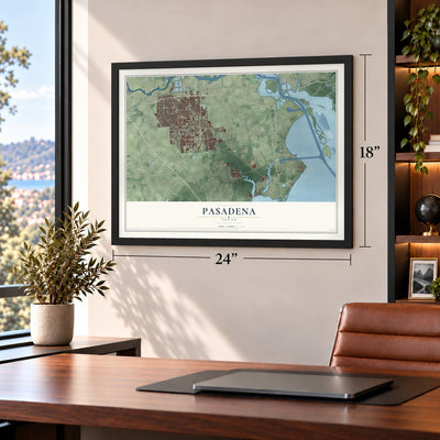 Pasadena, Texas map, 18 x 24 inch print in a black frame in a home office