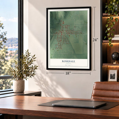 Rosedale, Indiana map, 18 x 24 inch print in a black frame in a home office