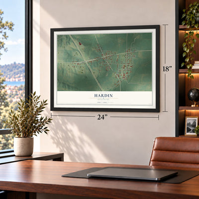 Hardin, Kentucky map, 18 x 24 inch print in a black frame in a home office