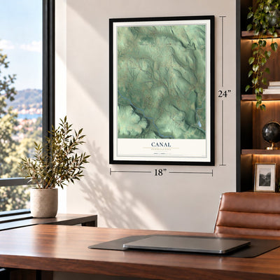 Canal, Pennsylvania map, 18 x 24 inch print in a black frame in a home office